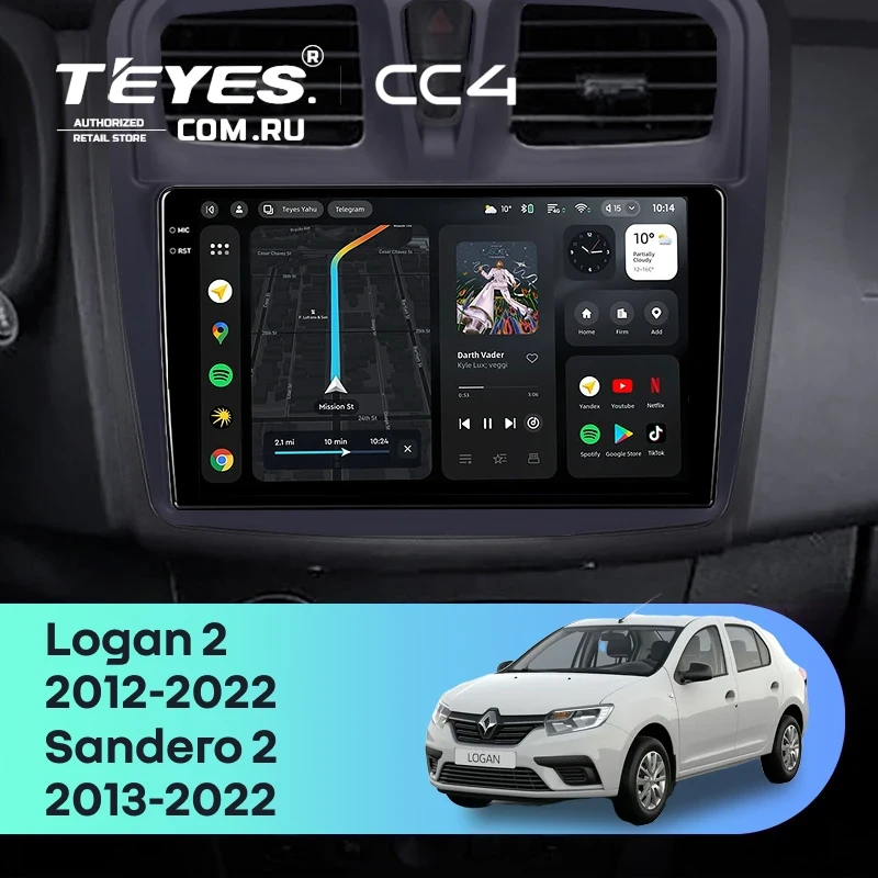 Штатная магнитола Teyes CC4 8/128 Renault Logan 2 (2012-2022) F1 (10")